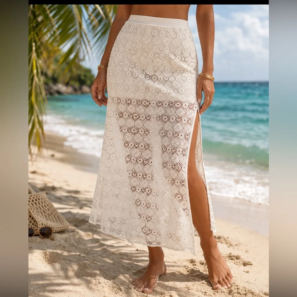 Solitaire swim White Lace Maxi Skirt Beach Cover Up Sheer Boho Resort size MED